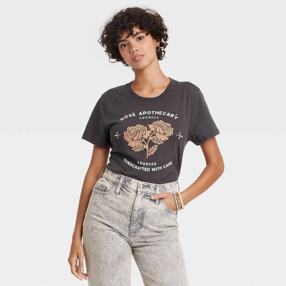 Schitts Creek Rose Apothecary Locally Sourced T-Shirt in Dark Gray.